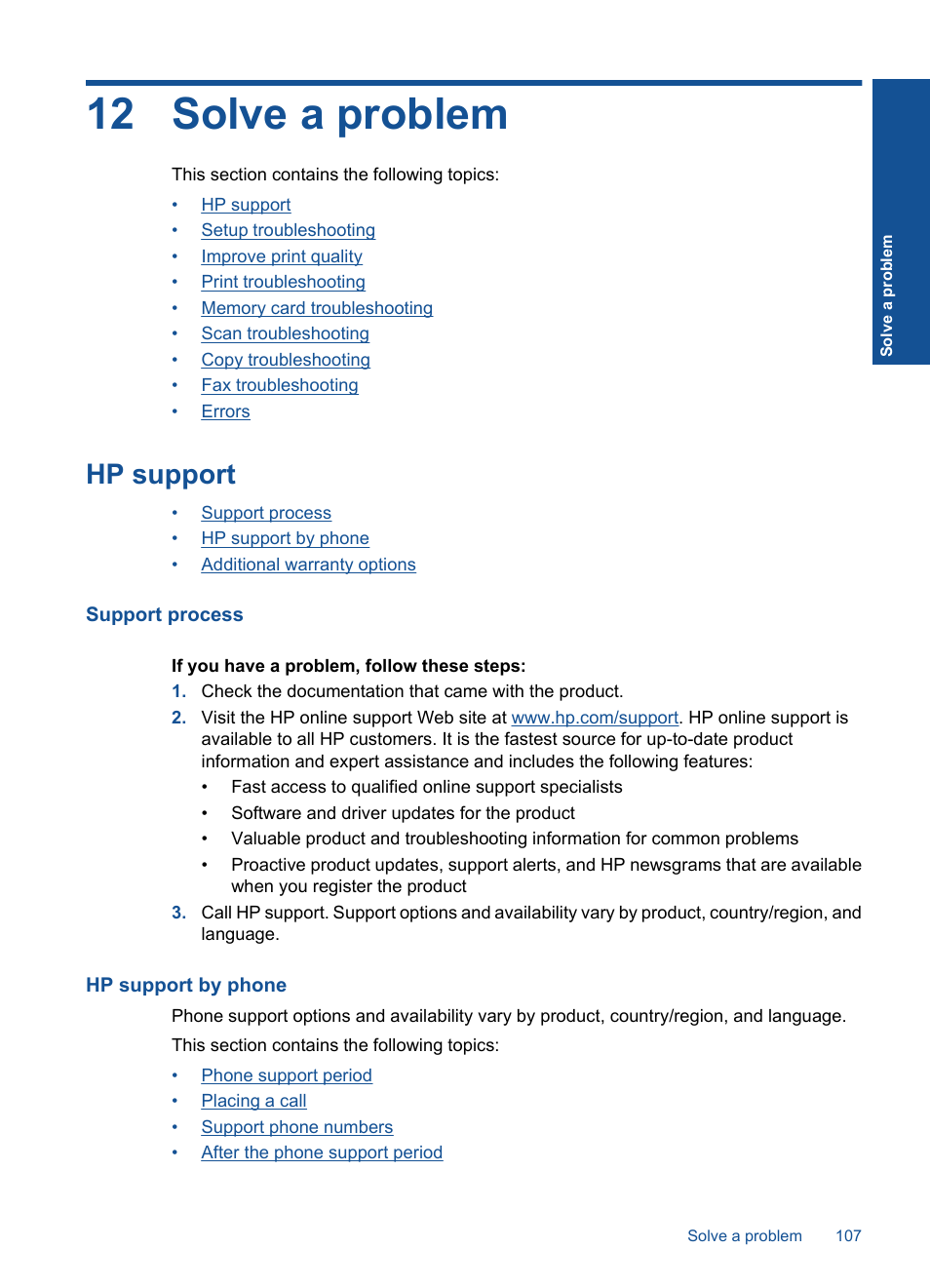 Solve a problem, Hp support, Support process | Hp support by phone, 12 solve a problem | HP Photosmart Premium Fax C410 User Manual | Page 109 / 264