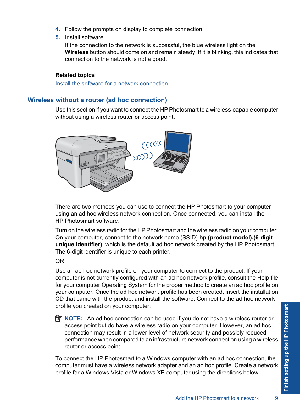 Wireless without a router (ad hoc connection) | HP Photosmart Premium Fax C410 User Manual | Page 11 / 264