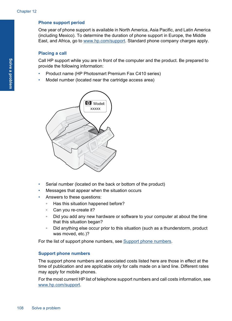 Phone support period, Placing a call, Support phone numbers | HP Photosmart Premium Fax C410 User Manual | Page 110 / 264