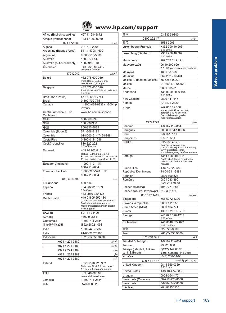 Hp support 109 solve a problem | HP Photosmart Premium Fax C410 User Manual | Page 111 / 264