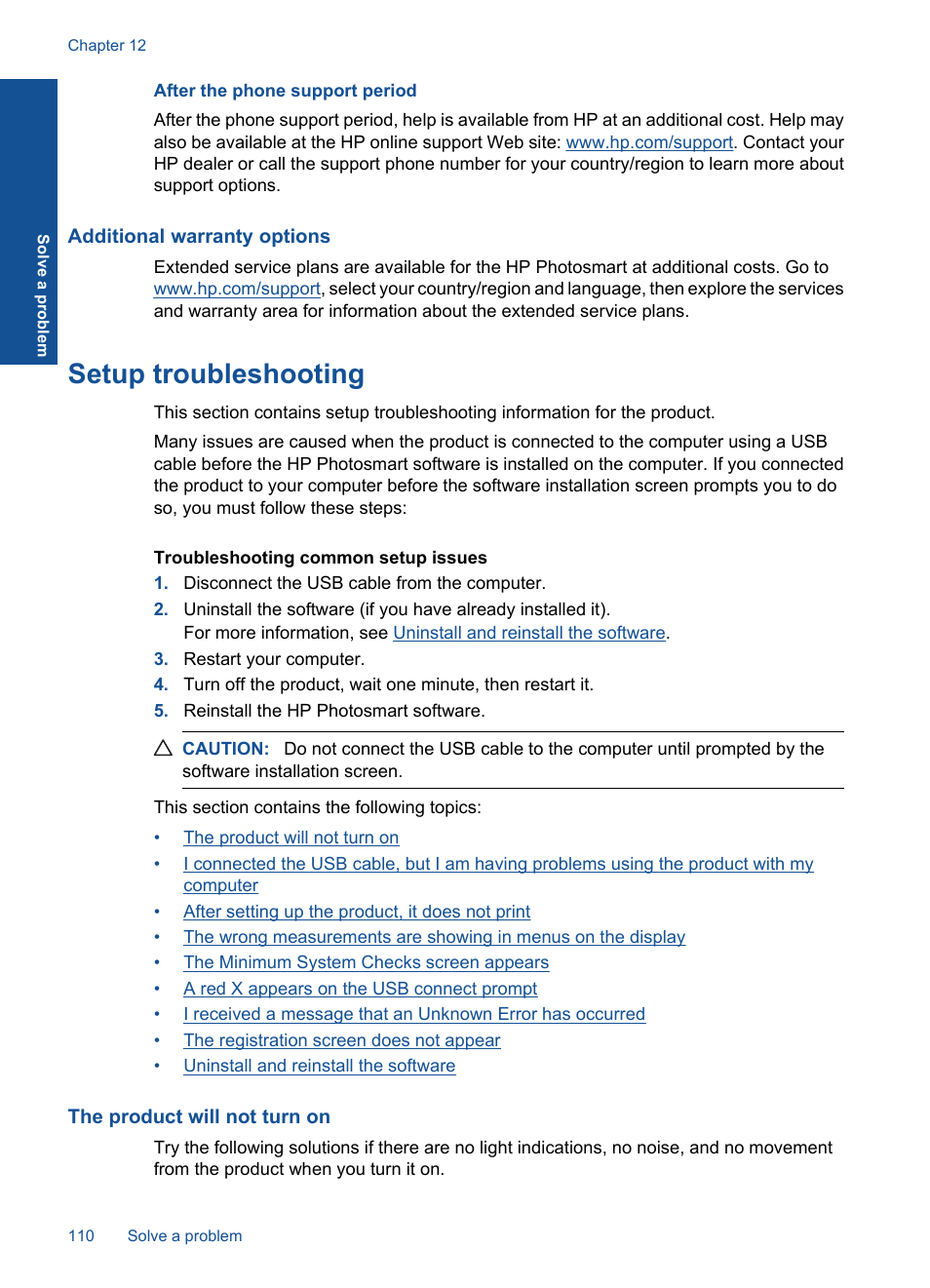 After the phone support period, Additional warranty options, Setup troubleshooting | The product will not turn on | HP Photosmart Premium Fax C410 User Manual | Page 112 / 264