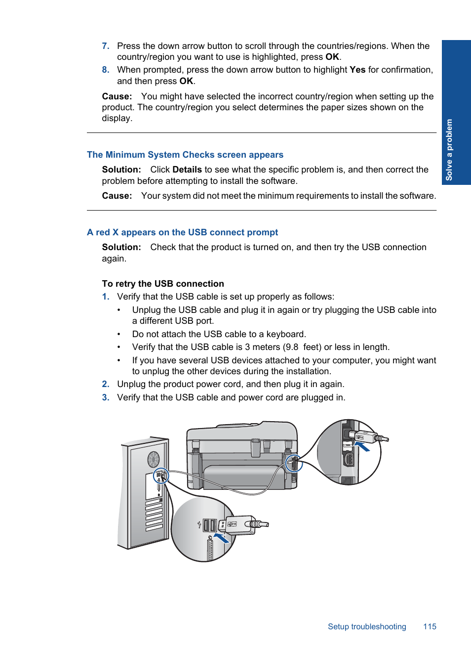 The minimum system checks screen appears, A red x appears on the usb connect prompt | HP Photosmart Premium Fax C410 User Manual | Page 117 / 264