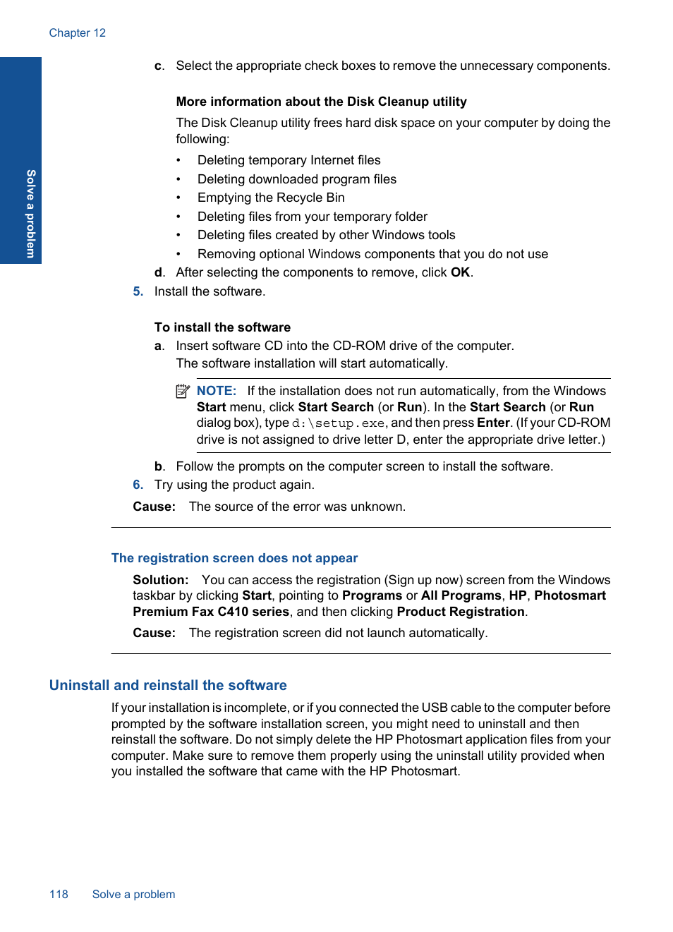 Uninstall and reinstall the software, The registration screen does not appear | HP Photosmart Premium Fax C410 User Manual | Page 120 / 264