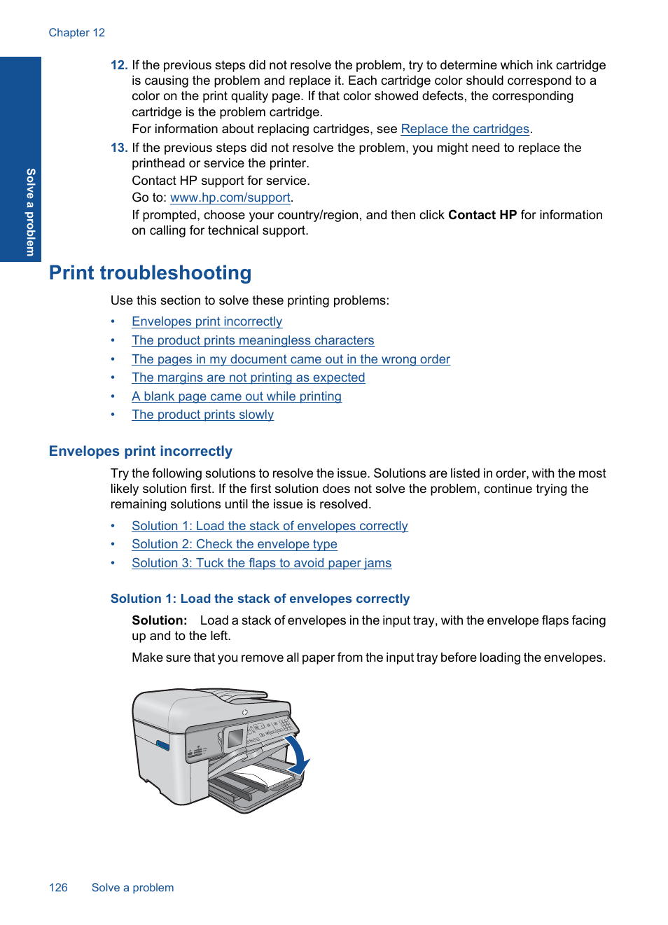 Print troubleshooting, Envelopes print incorrectly | HP Photosmart Premium Fax C410 User Manual | Page 128 / 264