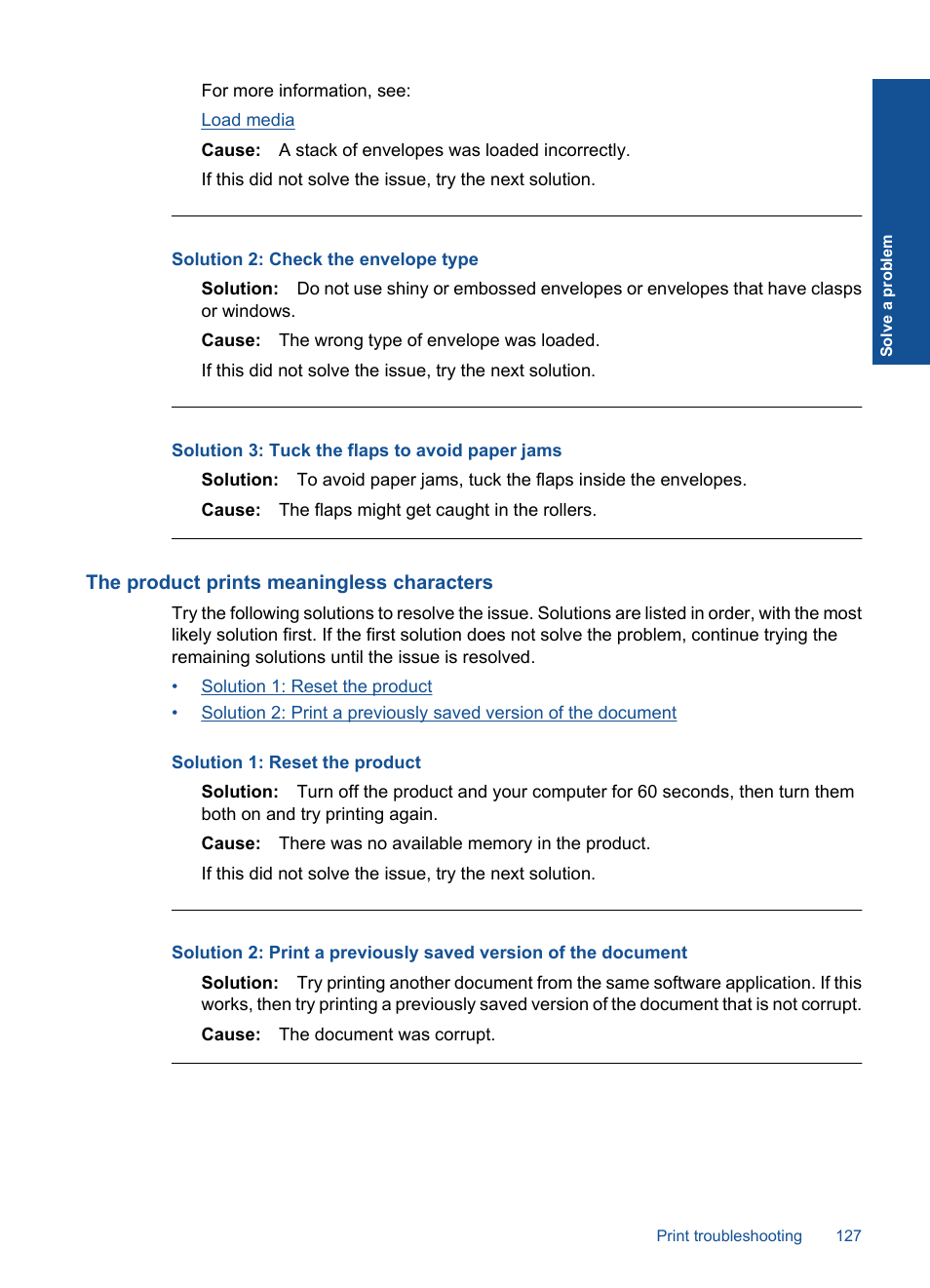 The product prints meaningless characters, Solution 2: check the envelope type, Solution 3: tuck the flaps to avoid paper jams | HP Photosmart Premium Fax C410 User Manual | Page 129 / 264