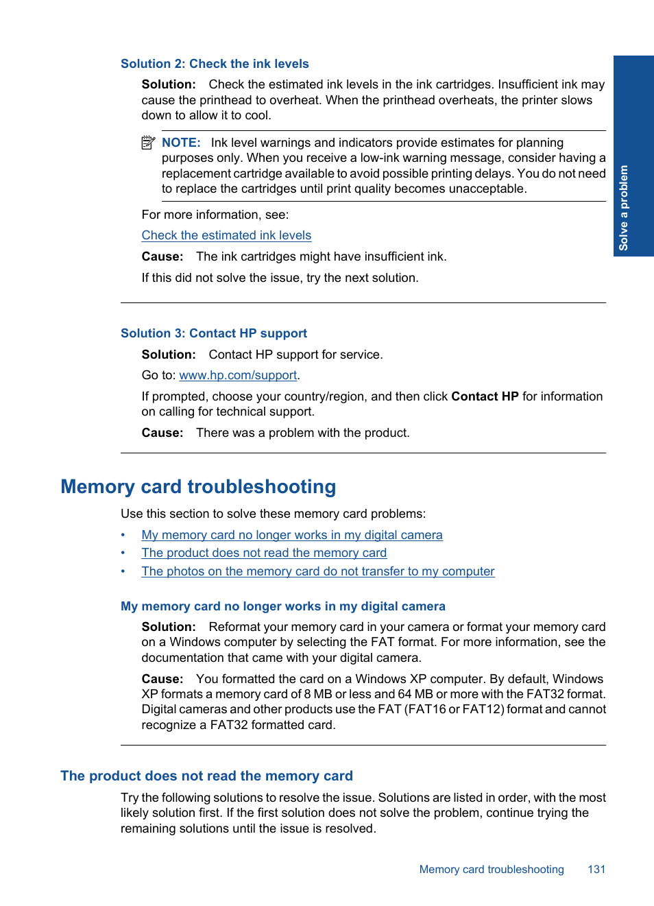Memory card troubleshooting, The product does not read the memory card, Solution 2: check the ink levels | Solution 3: contact hp support | HP Photosmart Premium Fax C410 User Manual | Page 133 / 264