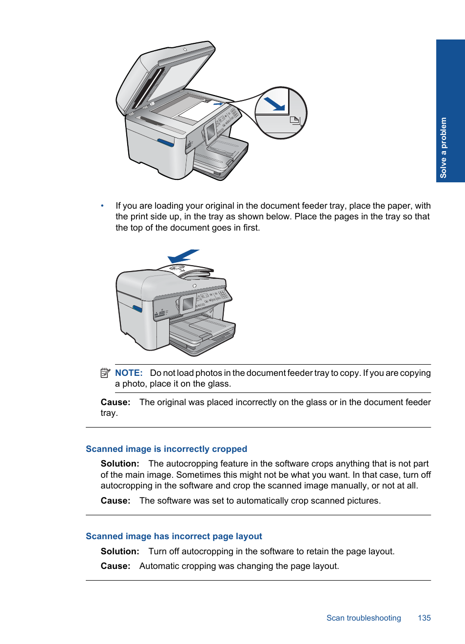 Scanned image is incorrectly cropped | HP Photosmart Premium Fax C410 User Manual | Page 137 / 264