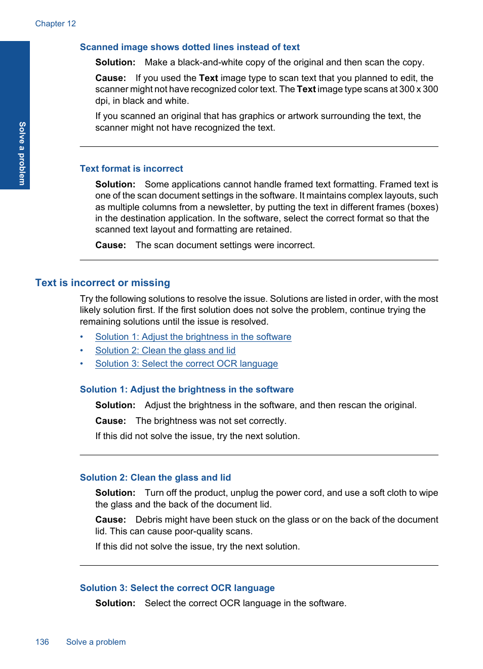 Text is incorrect or missing, Scanned image shows dotted lines instead of text, Text format is incorrect | HP Photosmart Premium Fax C410 User Manual | Page 138 / 264