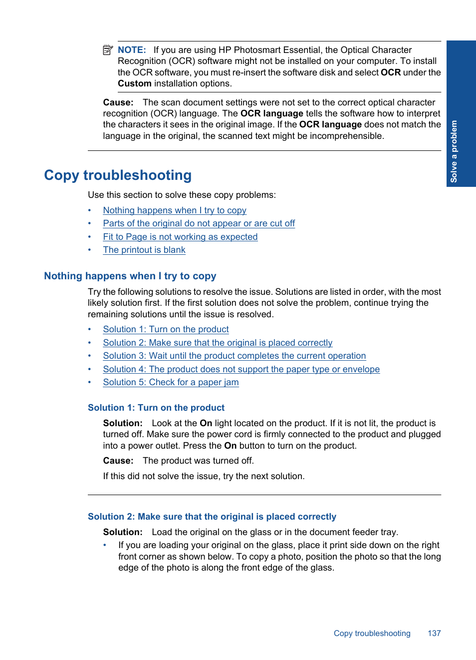 Copy troubleshooting, Nothing happens when i try to copy | HP Photosmart Premium Fax C410 User Manual | Page 139 / 264