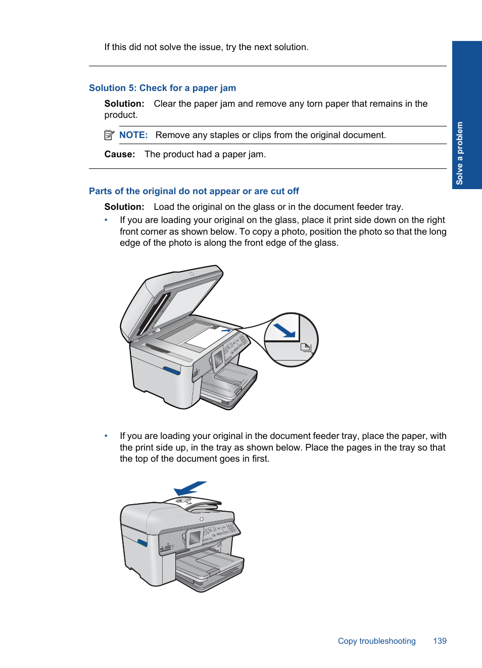 Parts of the original do not appear or are cut off, Solution 5: check for a paper jam | HP Photosmart Premium Fax C410 User Manual | Page 141 / 264