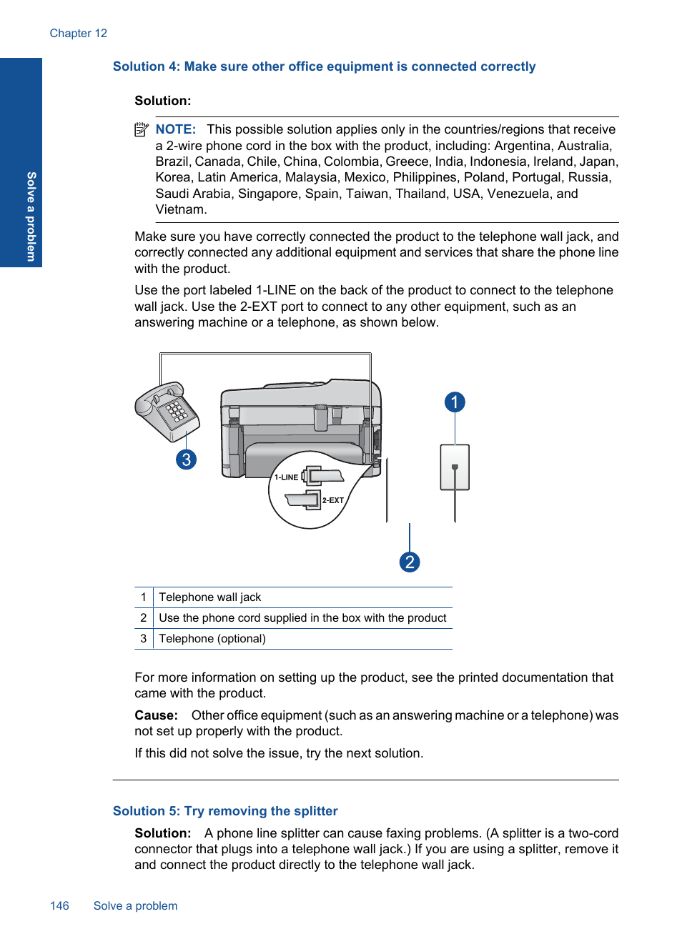 Solution 5: try removing the splitter | HP Photosmart Premium Fax C410 User Manual | Page 148 / 264