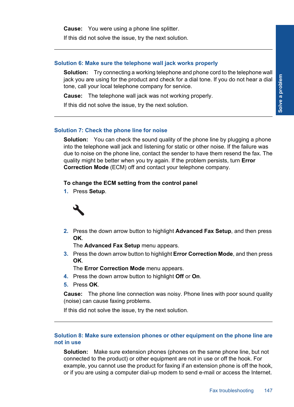 Solution 7: check the phone line for noise | HP Photosmart Premium Fax C410 User Manual | Page 149 / 264