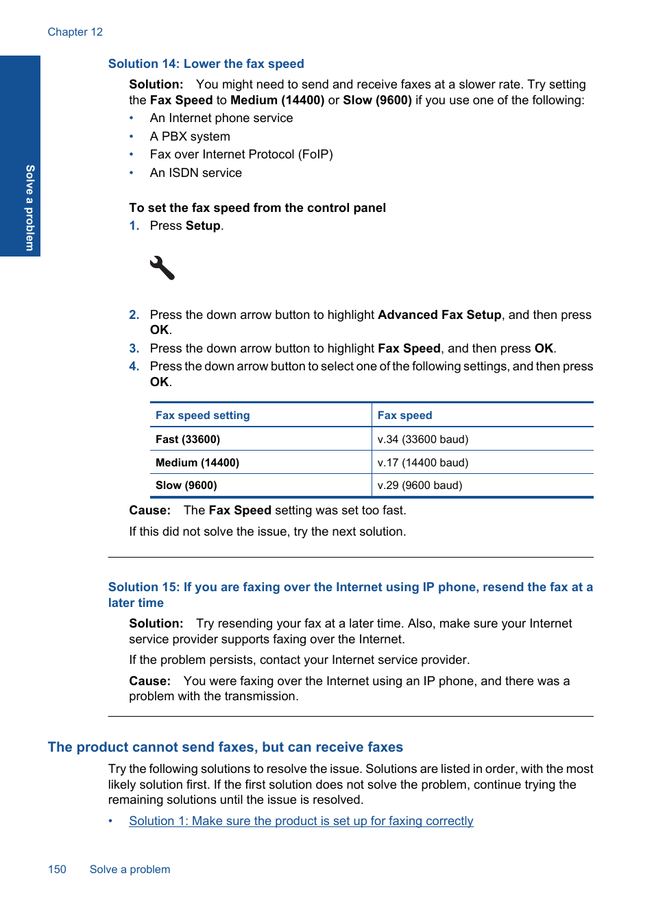 Solution 14: lower the fax speed | HP Photosmart Premium Fax C410 User Manual | Page 152 / 264