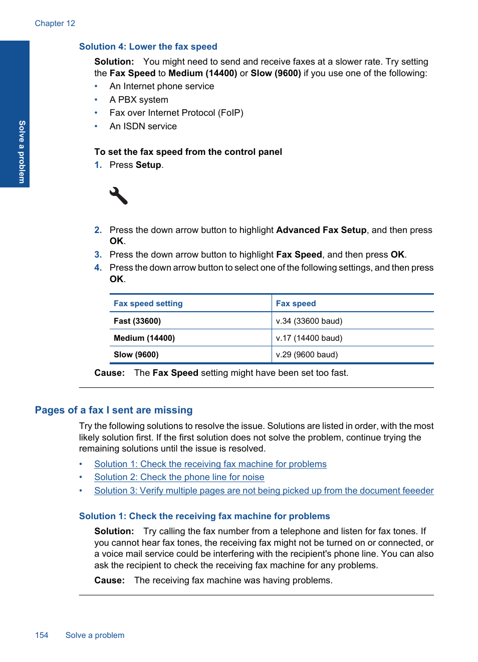 Solution 4: lower the fax speed | HP Photosmart Premium Fax C410 User Manual | Page 156 / 264