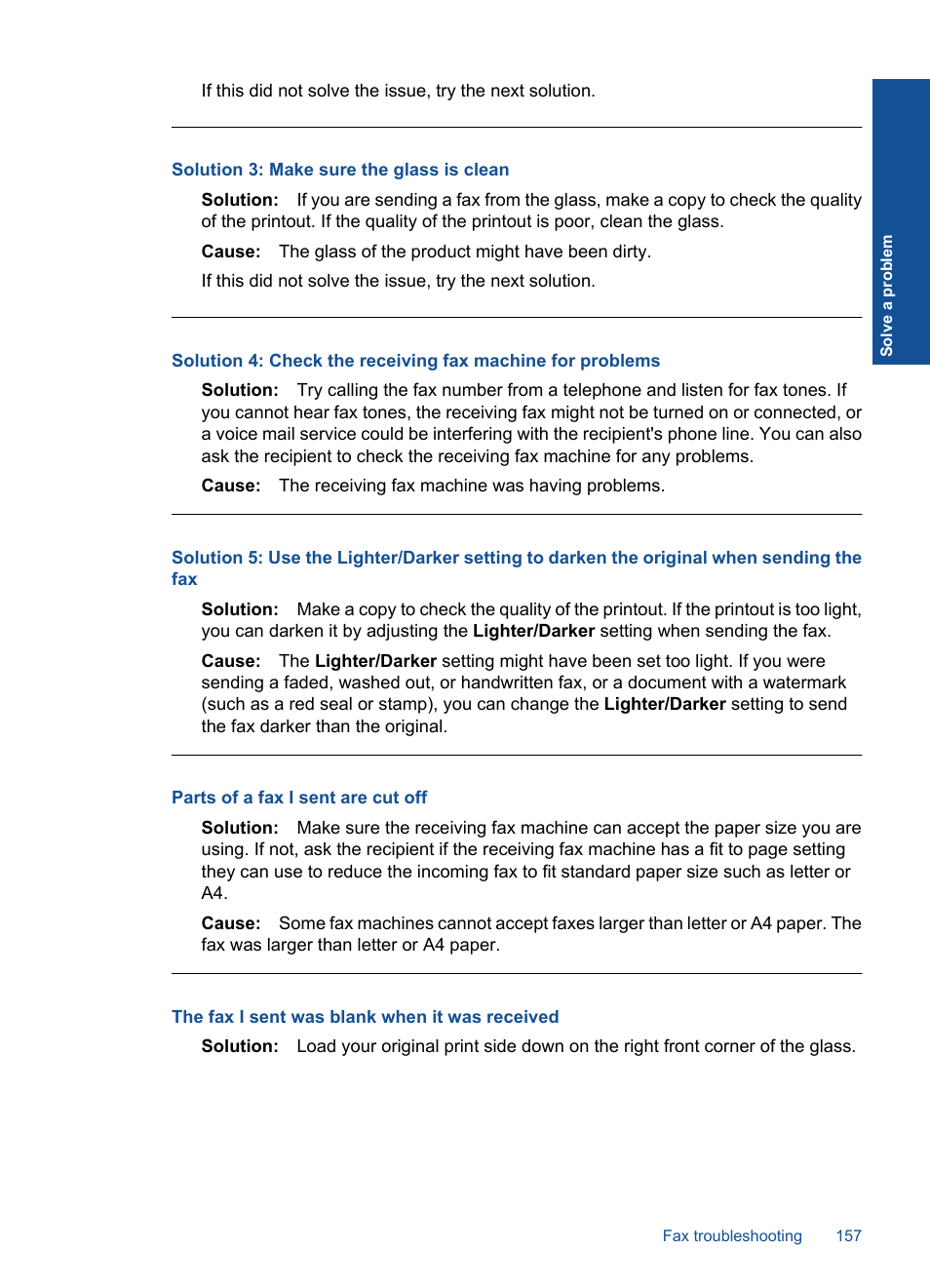 Parts of a fax i sent are cut off, The fax i sent was blank when it was received, Solution 3: make sure the glass is clean | HP Photosmart Premium Fax C410 User Manual | Page 159 / 264