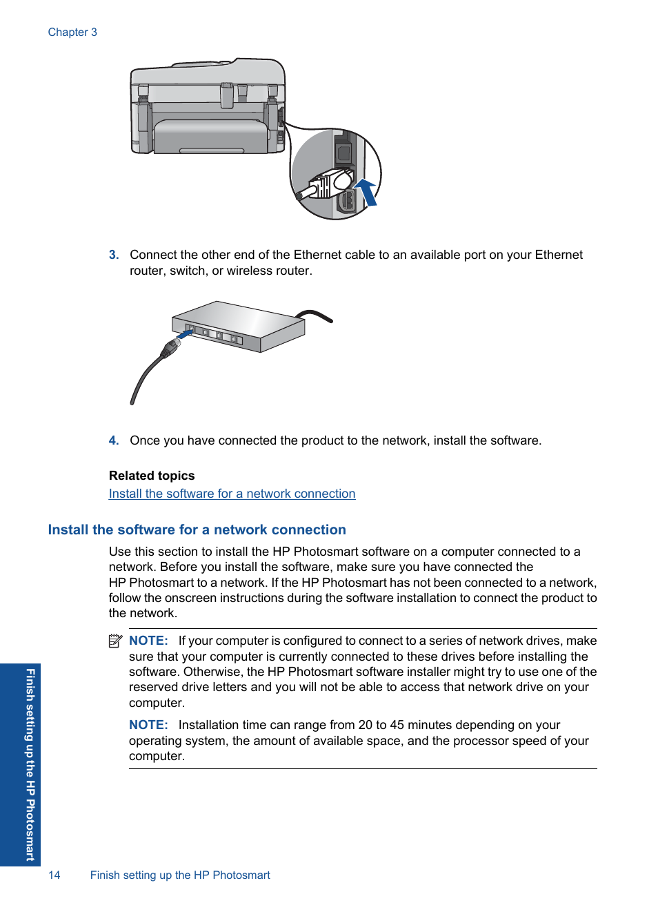 Install the software for a network connection | HP Photosmart Premium Fax C410 User Manual | Page 16 / 264