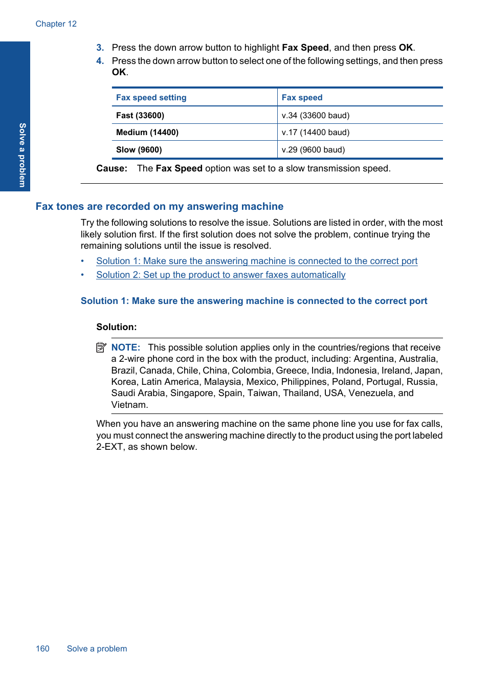 Fax tones are recorded on my answering machine | HP Photosmart Premium Fax C410 User Manual | Page 162 / 264