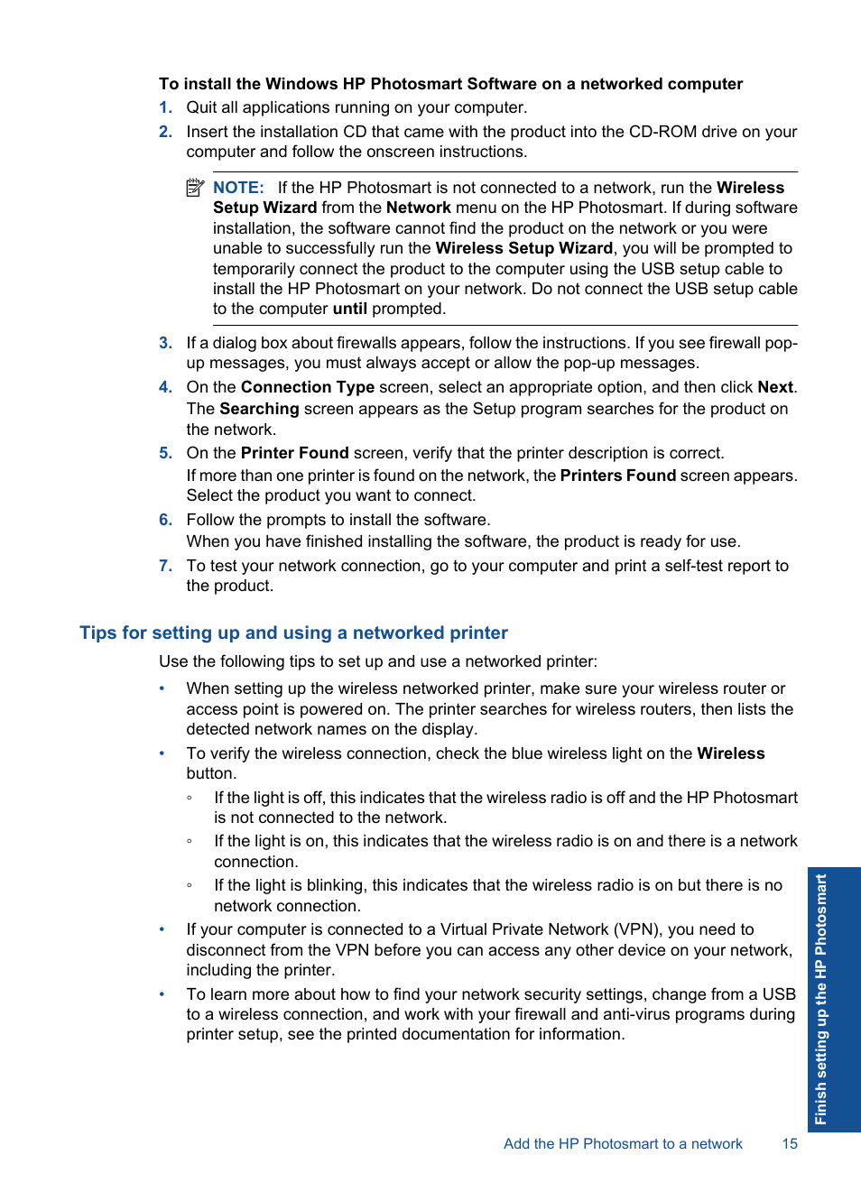 Tips for setting up and using a networked printer | HP Photosmart Premium Fax C410 User Manual | Page 17 / 264