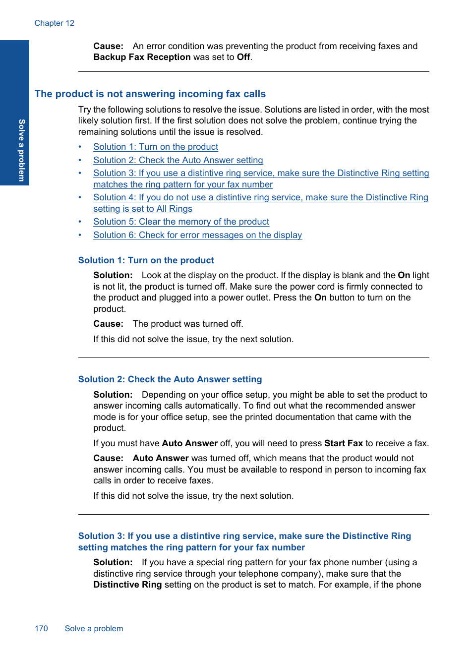 The product is not answering incoming fax calls | HP Photosmart Premium Fax C410 User Manual | Page 172 / 264