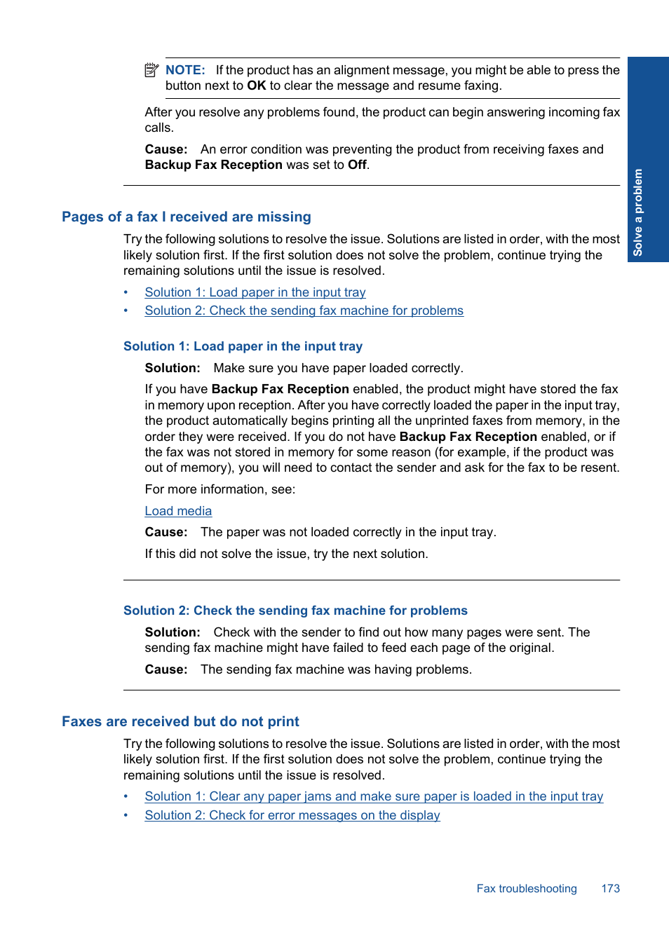 Faxes are received but do not print | HP Photosmart Premium Fax C410 User Manual | Page 175 / 264