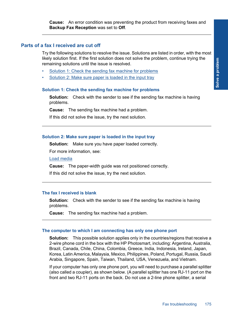 Parts of a fax i received are cut off, The fax i received is blank | HP Photosmart Premium Fax C410 User Manual | Page 177 / 264