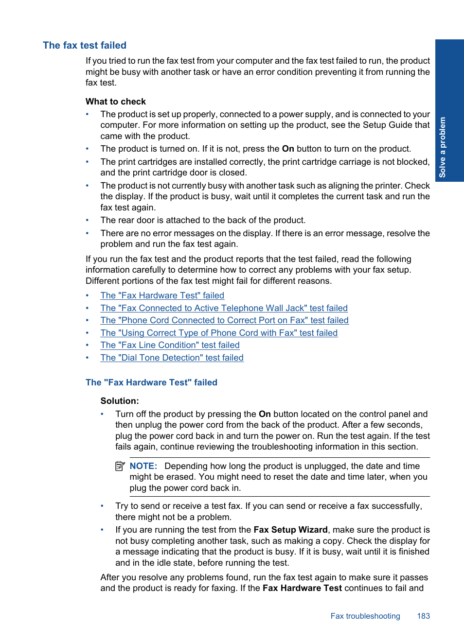 The fax test failed | HP Photosmart Premium Fax C410 User Manual | Page 185 / 264