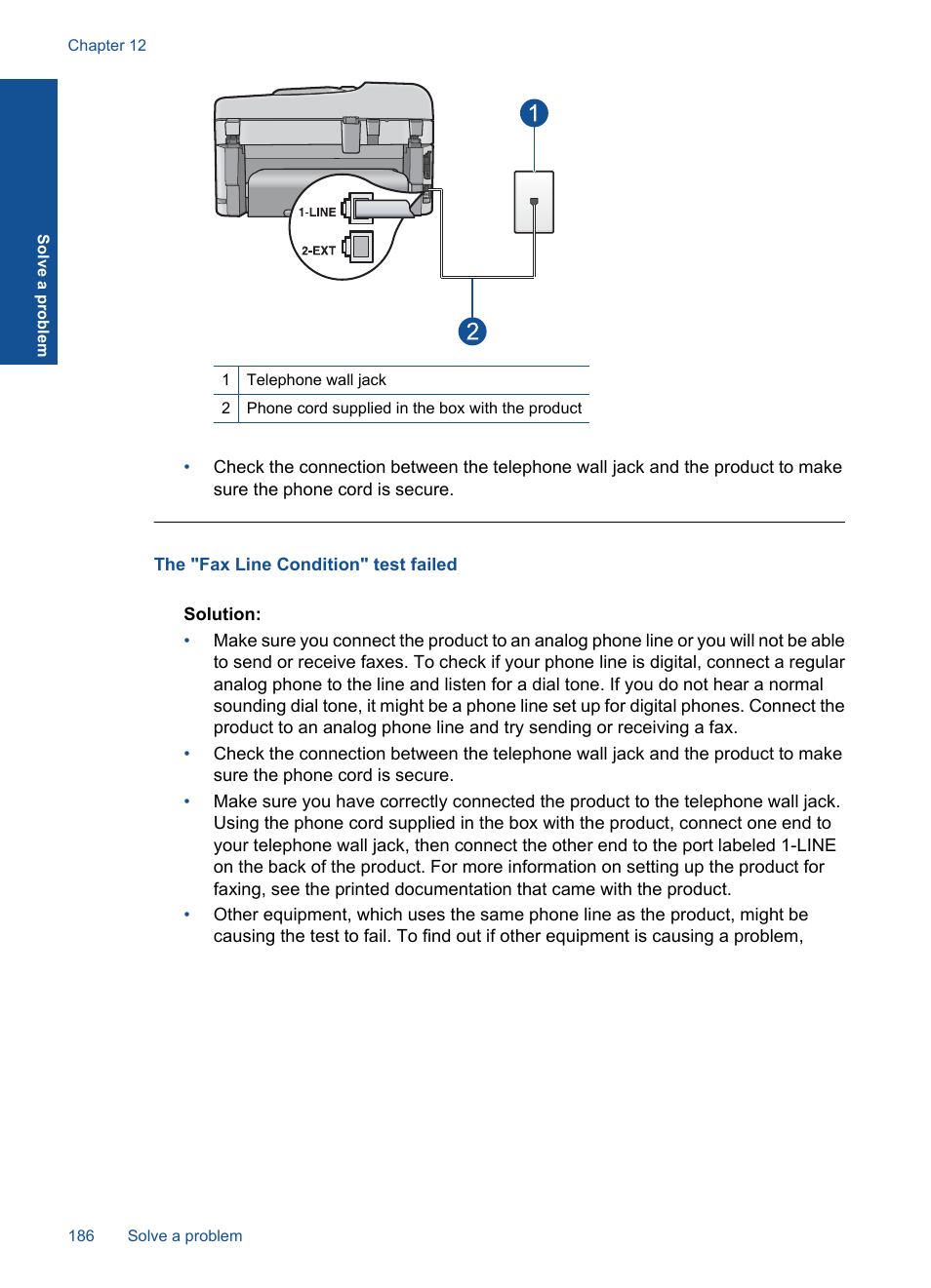 The "fax line condition" test failed | HP Photosmart Premium Fax C410 User Manual | Page 188 / 264