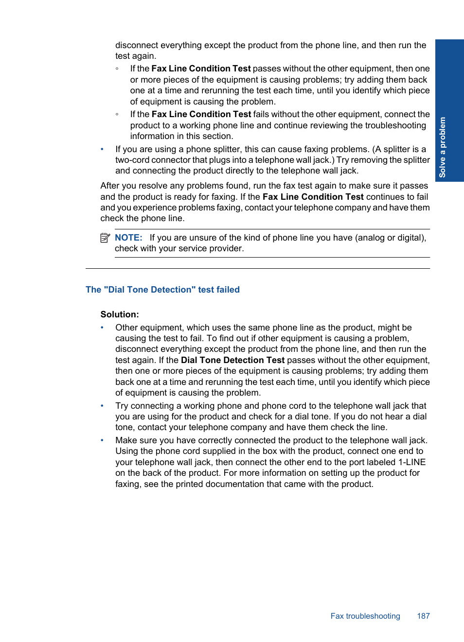 The "dial tone detection" test failed | HP Photosmart Premium Fax C410 User Manual | Page 189 / 264