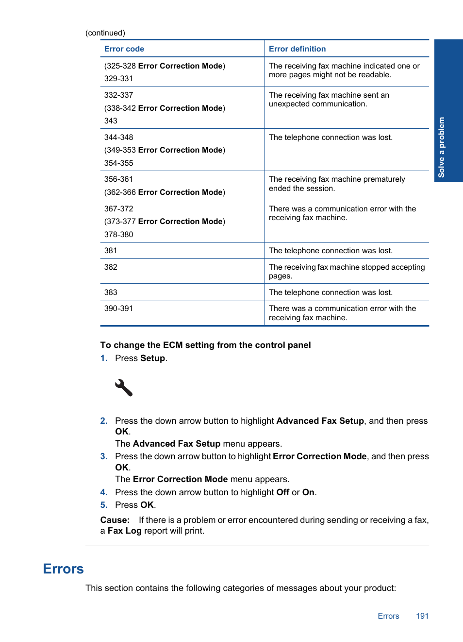 Errors | HP Photosmart Premium Fax C410 User Manual | Page 193 / 264