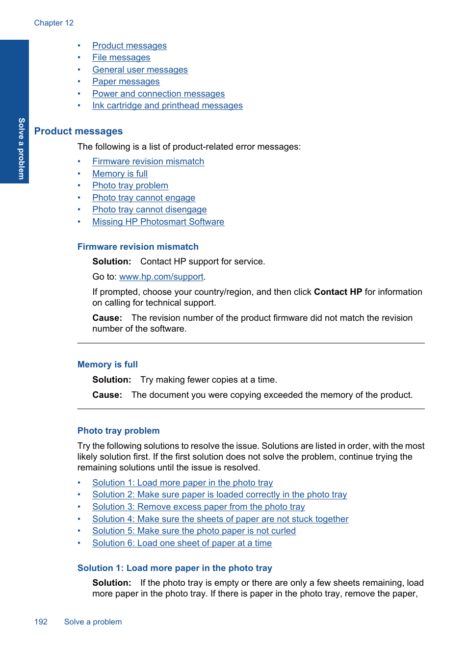 Product messages, Photo tray problem | HP Photosmart Premium Fax C410 User Manual | Page 194 / 264