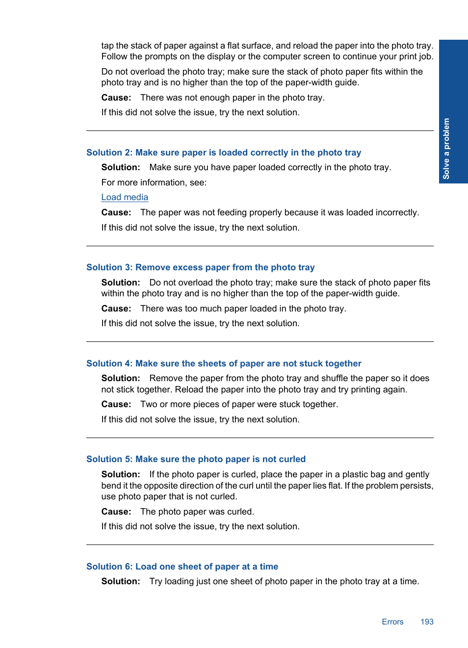 Solution 6: load one sheet of paper at a time | HP Photosmart Premium Fax C410 User Manual | Page 195 / 264