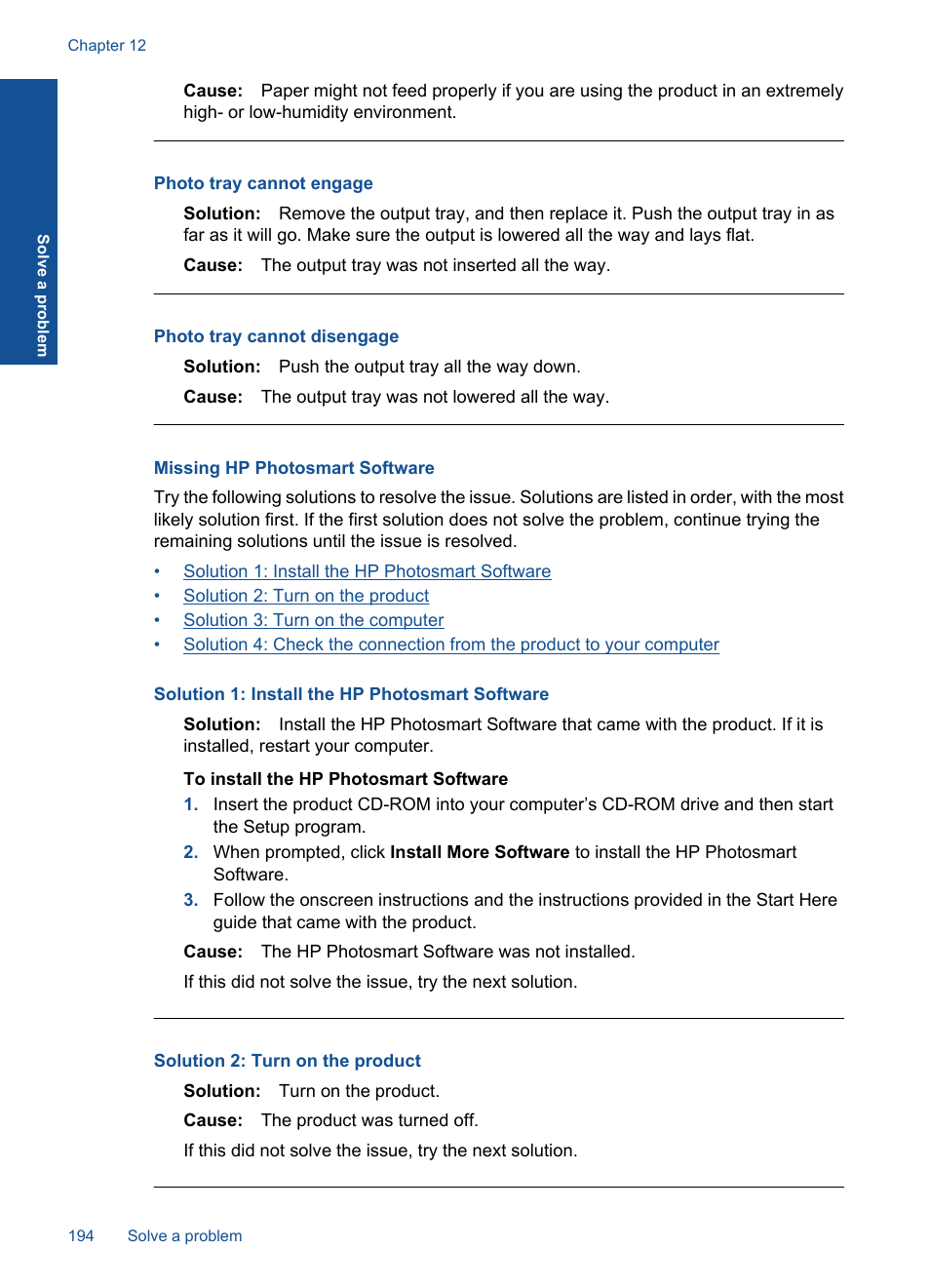Missing hp photosmart software, Photo tray cannot engage, Photo tray cannot disengage | HP Photosmart Premium Fax C410 User Manual | Page 196 / 264