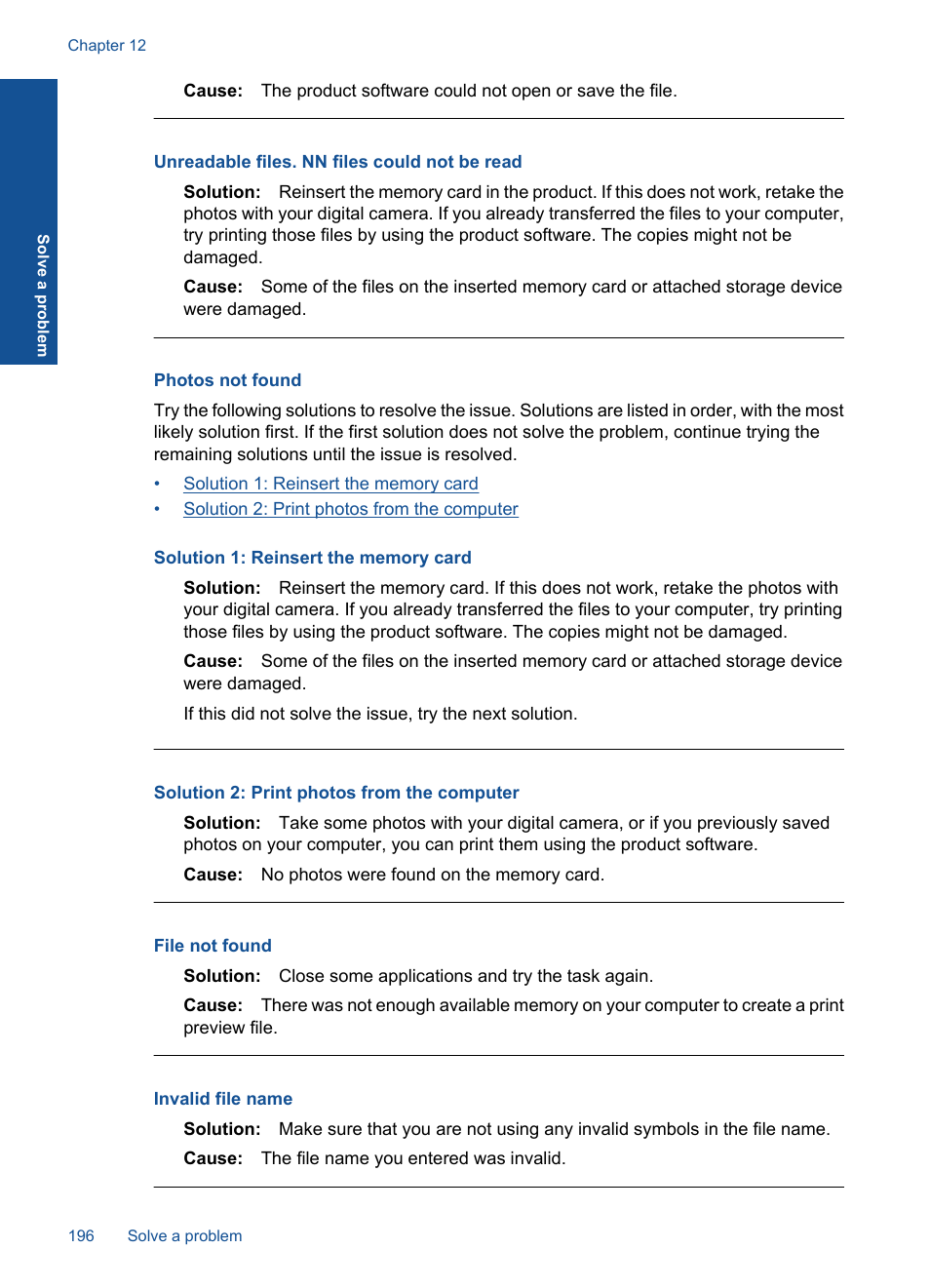 Photos not found, Unreadable files. nn files could not be read, File not found | Invalid file name | HP Photosmart Premium Fax C410 User Manual | Page 198 / 264