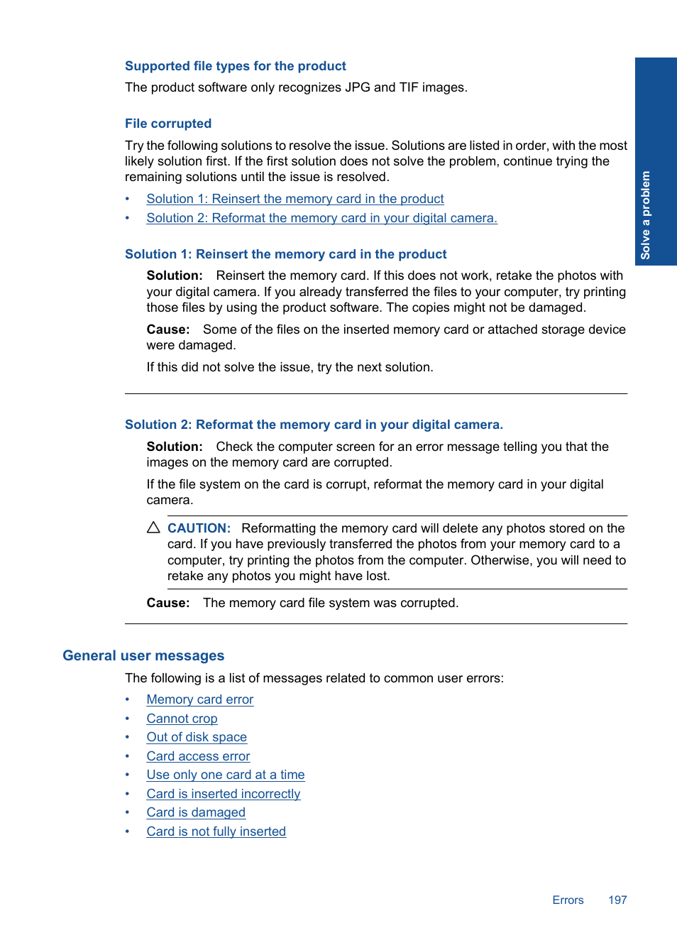 Supported file types for the product, File corrupted, General user messages | HP Photosmart Premium Fax C410 User Manual | Page 199 / 264