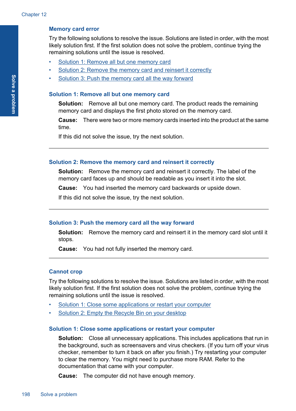 Memory card error, Cannot crop | HP Photosmart Premium Fax C410 User Manual | Page 200 / 264