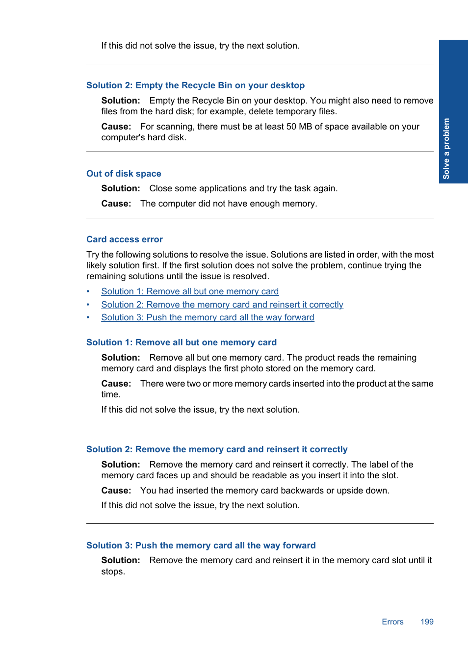 Card access error, Out of disk space, Solution 2: empty the recycle bin on your desktop | HP Photosmart Premium Fax C410 User Manual | Page 201 / 264