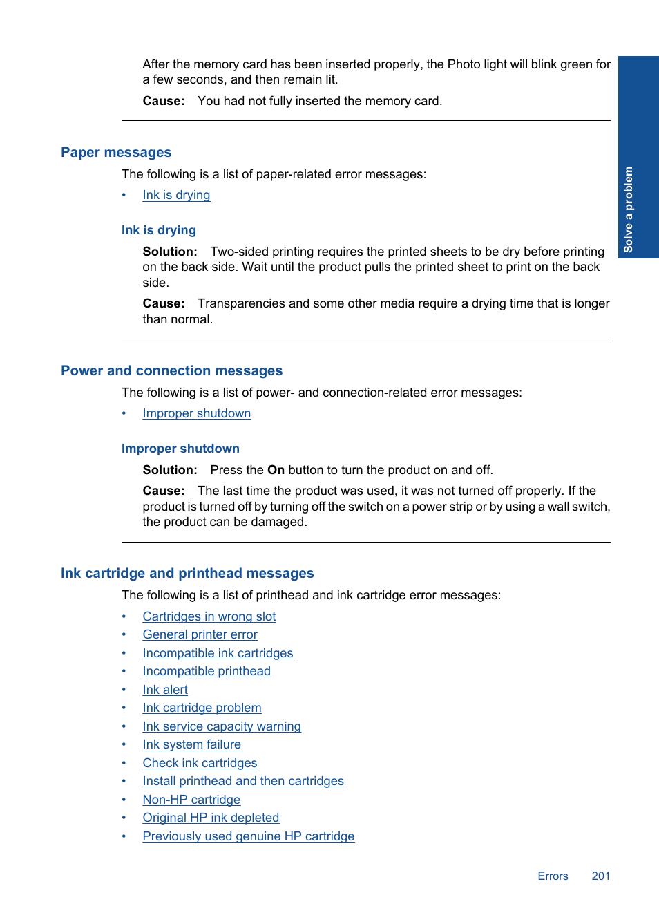 Paper messages, Power and connection messages, Ink cartridge and printhead messages | HP Photosmart Premium Fax C410 User Manual | Page 203 / 264