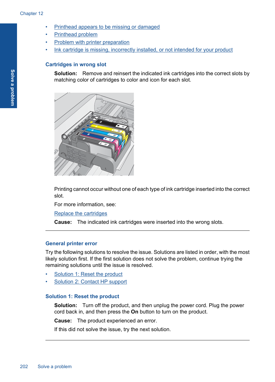 General printer error, Cartridges in wrong slot | HP Photosmart Premium Fax C410 User Manual | Page 204 / 264