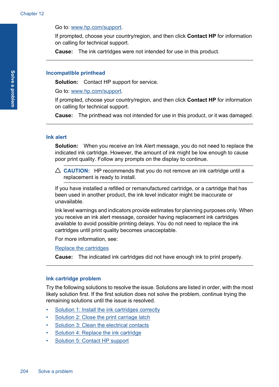 Ink cartridge problem, Incompatible printhead, Ink alert | HP Photosmart Premium Fax C410 User Manual | Page 206 / 264