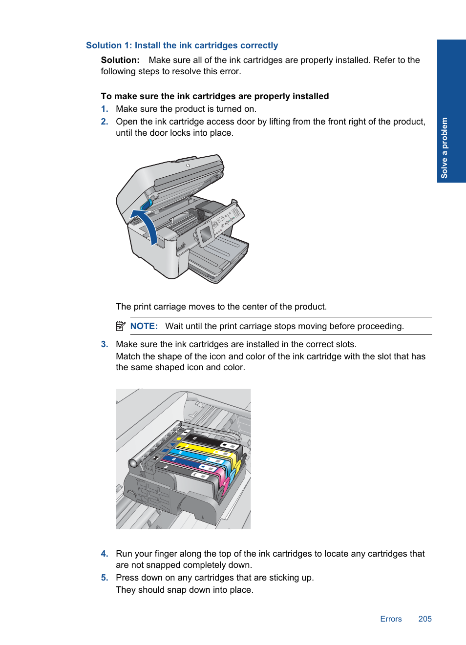 Solution 1: install the ink cartridges correctly | HP Photosmart Premium Fax C410 User Manual | Page 207 / 264