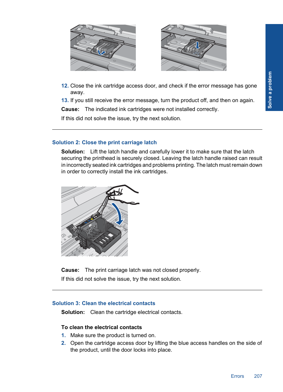 Solution 2: close the print carriage latch, Solution 3: clean the electrical contacts | HP Photosmart Premium Fax C410 User Manual | Page 209 / 264