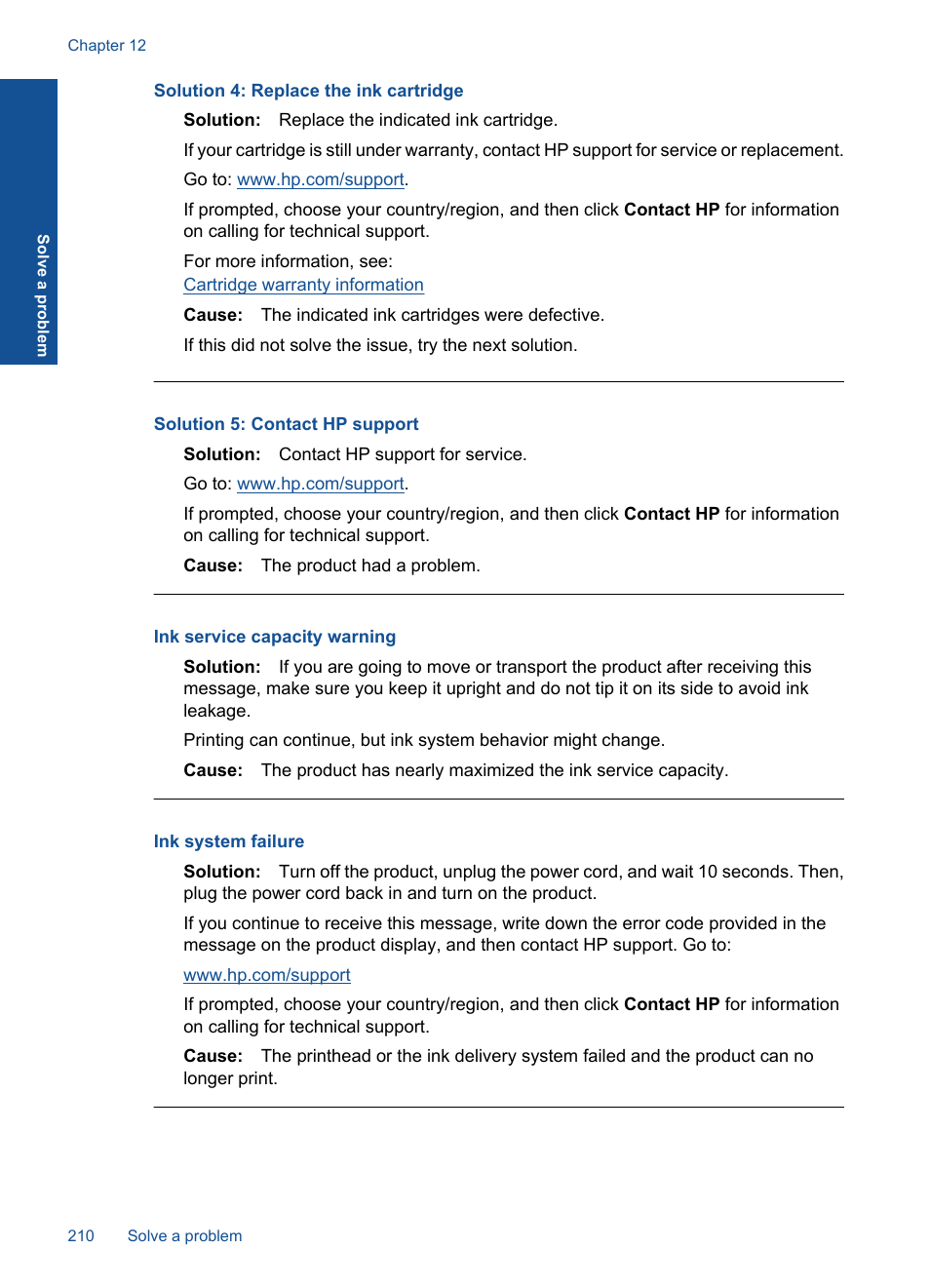 Ink service capacity warning, Ink system failure, Solution 4: replace the ink cartridge | Solution 5: contact hp support | HP Photosmart Premium Fax C410 User Manual | Page 212 / 264