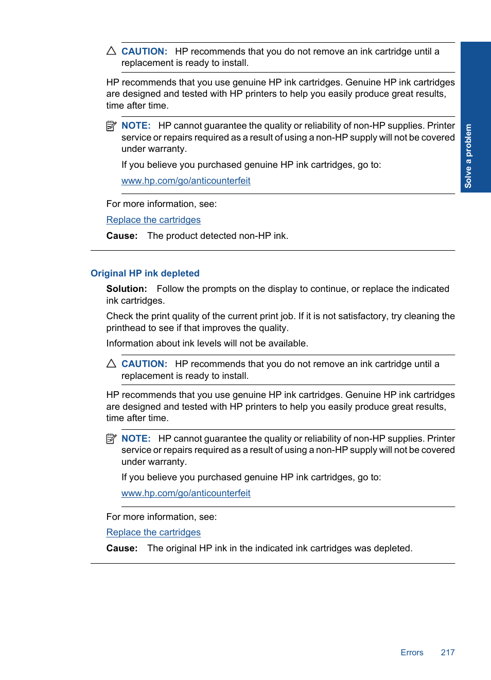 Original hp ink depleted | HP Photosmart Premium Fax C410 User Manual | Page 219 / 264