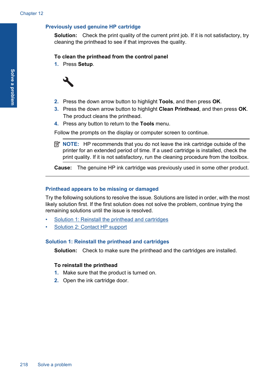 Printhead appears to be missing or damaged, Previously used genuine hp cartridge | HP Photosmart Premium Fax C410 User Manual | Page 220 / 264