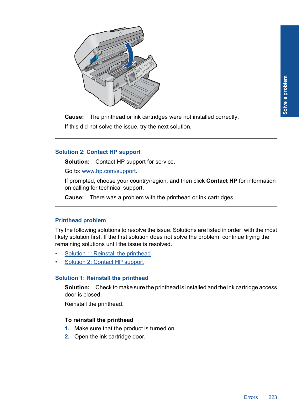 Printhead problem | HP Photosmart Premium Fax C410 User Manual | Page 225 / 264