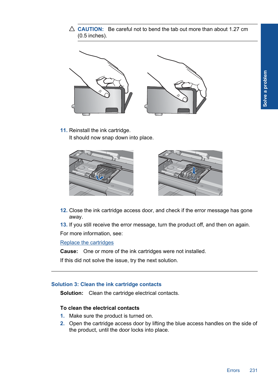 Solution 3: clean the ink cartridge contacts | HP Photosmart Premium Fax C410 User Manual | Page 233 / 264