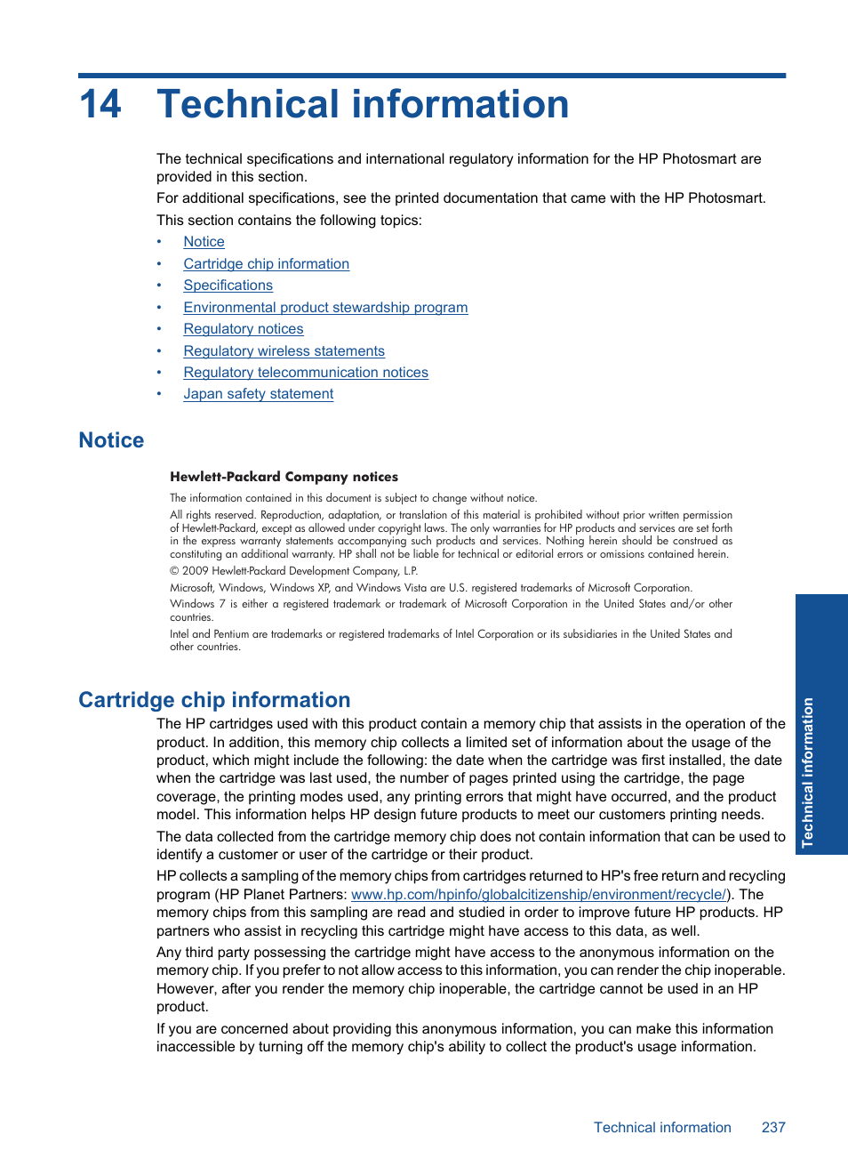 Technical information, Notice, Cartridge chip information | 14 technical information, Notice cartridge chip information | HP Photosmart Premium Fax C410 User Manual | Page 239 / 264