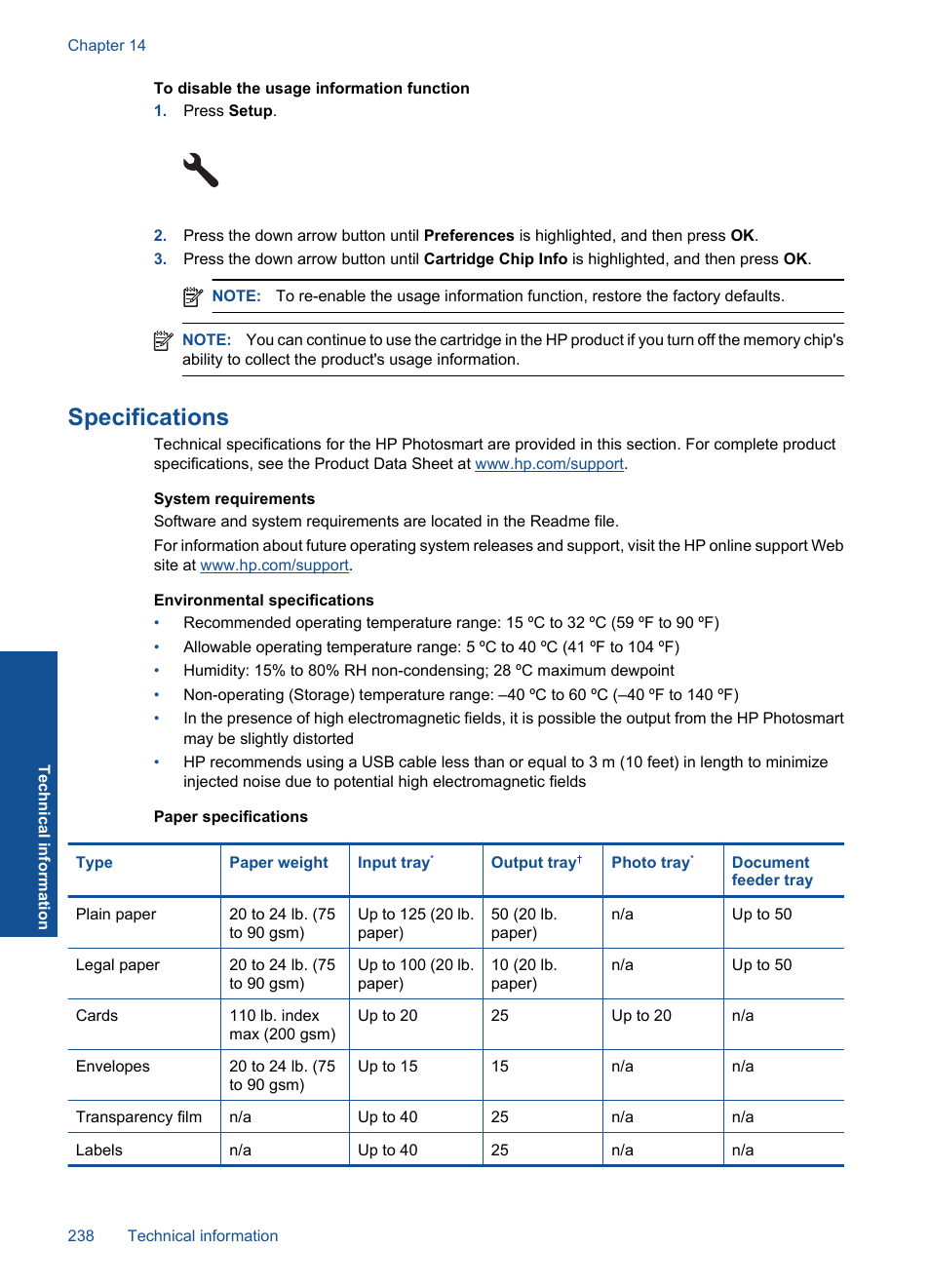 Specifications | HP Photosmart Premium Fax C410 User Manual | Page 240 / 264