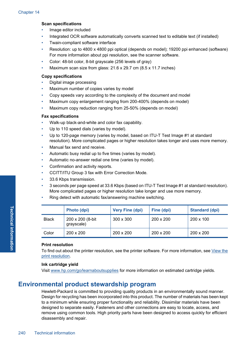 Environmental product stewardship program | HP Photosmart Premium Fax C410 User Manual | Page 242 / 264
