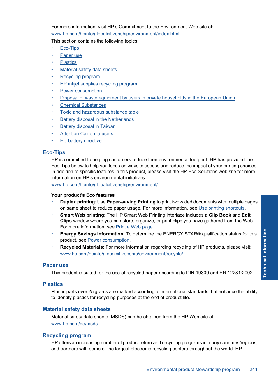 Eco-tips, Paper use, Plastics | Material safety data sheets, Recycling program | HP Photosmart Premium Fax C410 User Manual | Page 243 / 264